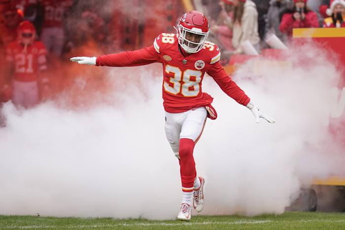 Dec 25, 2023; Kansas City, Missouri, USA; Kansas City Chiefs cornerback L'Jarius Sneed (38) is introduced against the Las Vegas Raiders prior to a game at GEHA Field at Arrowhead Stadium.